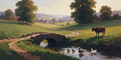 Pastoral Landscape With Stone Bridge And Grazing Cow