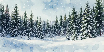 Watercolor Winter Forest Landscape With Falling Snow