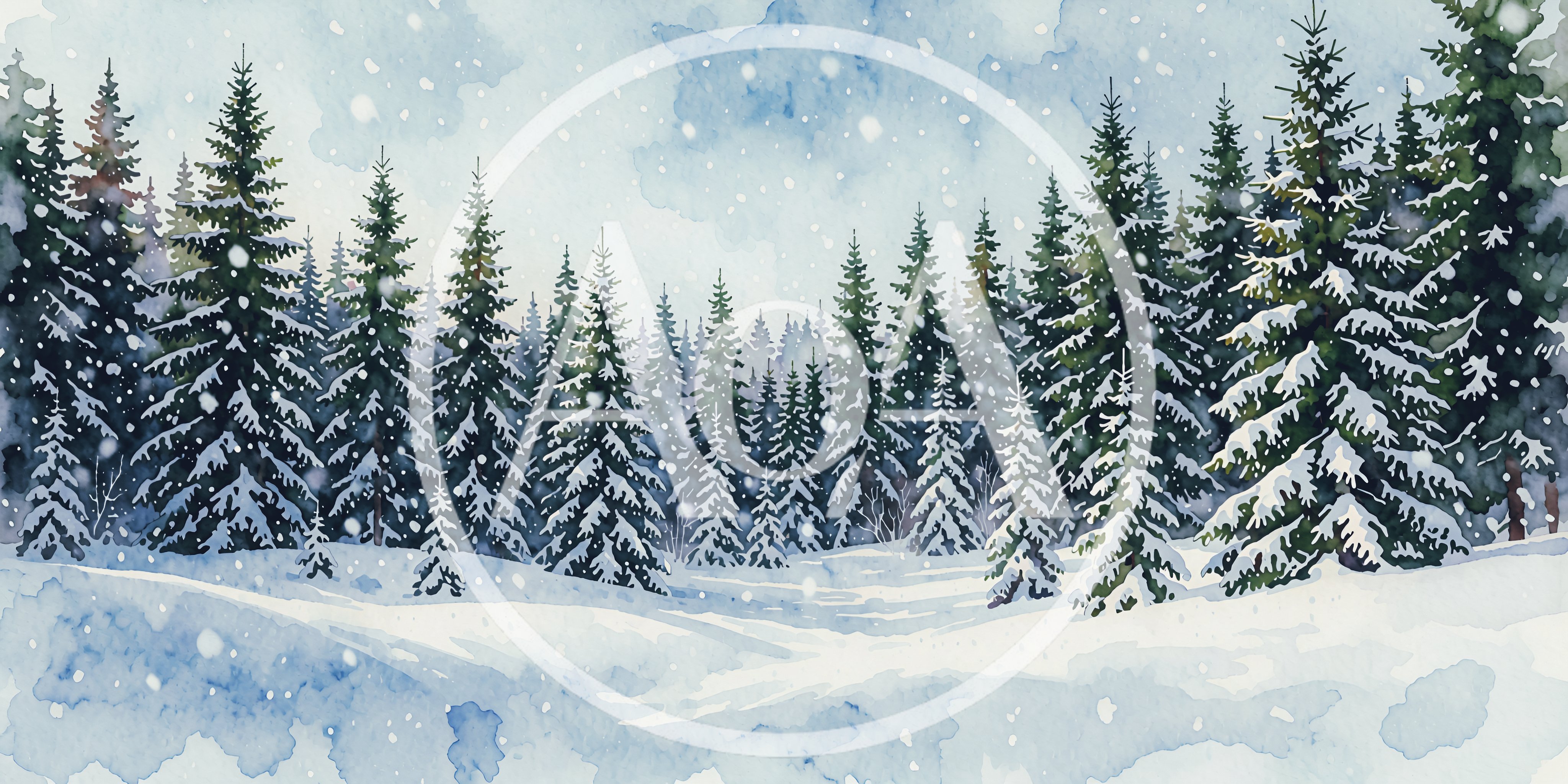 Watercolor Winter Forest Landscape With Falling Snow