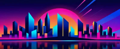 Synthwave Cityscape Skyline With Neon Sunset Background