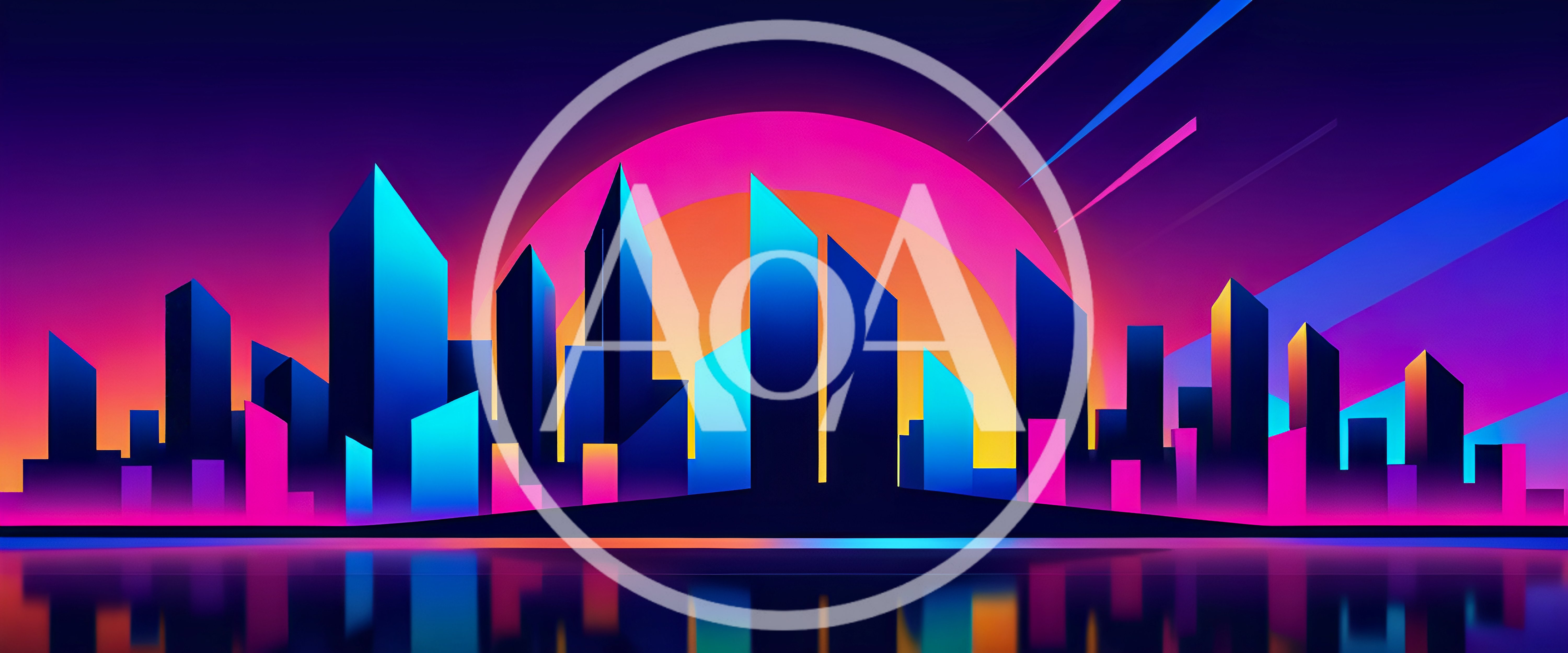 Synthwave Cityscape Skyline With Neon Sunset Background