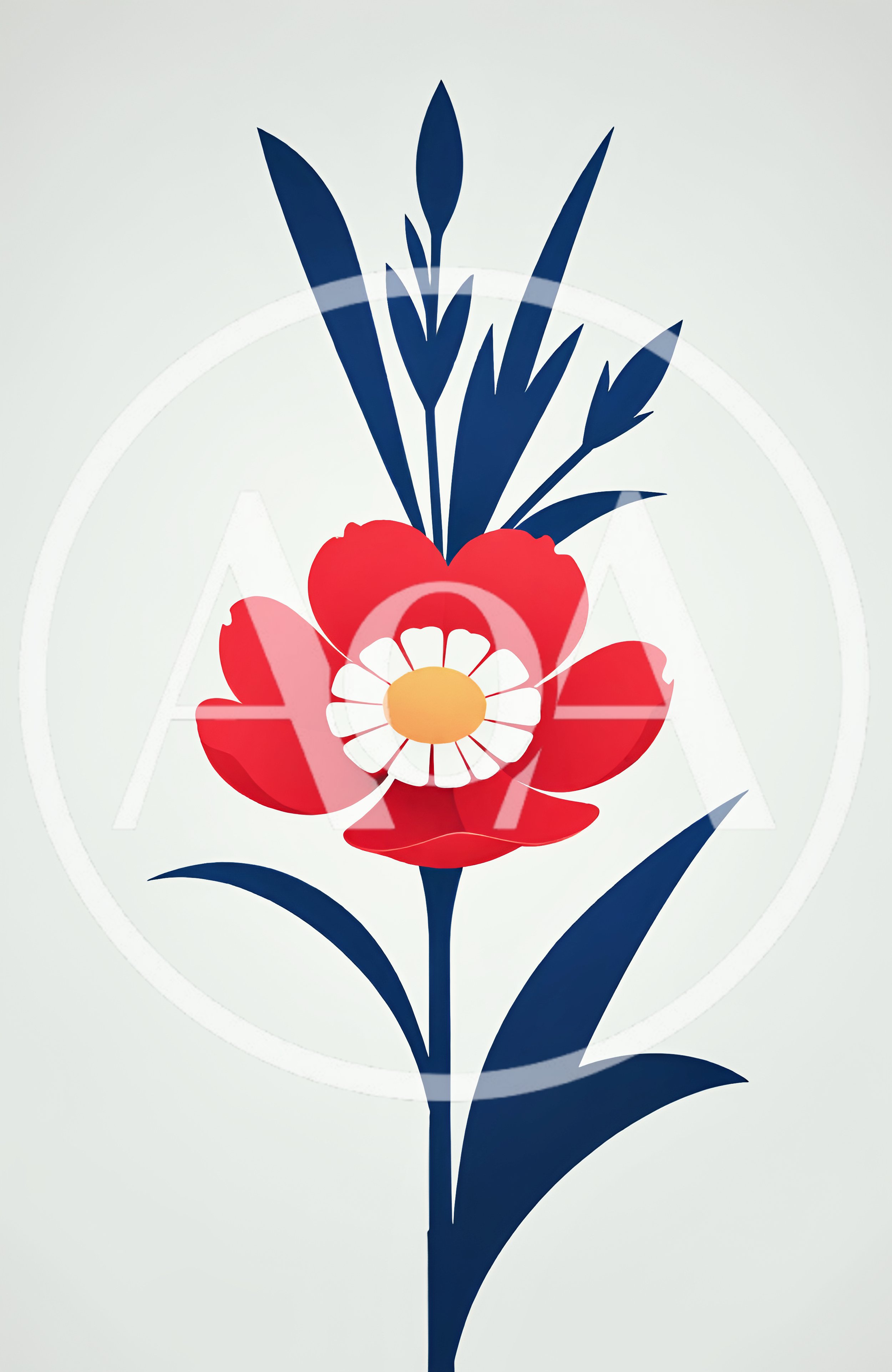 Minimalist Red Flower Illustration With Dark Blue Leaves