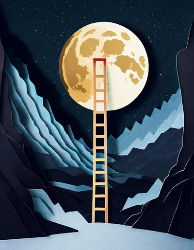 Surreal Paper Cutout Illustration Of A Ladder To The Moon