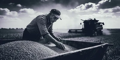 Elderly Farmer Inspecting Harvested Grain in Field