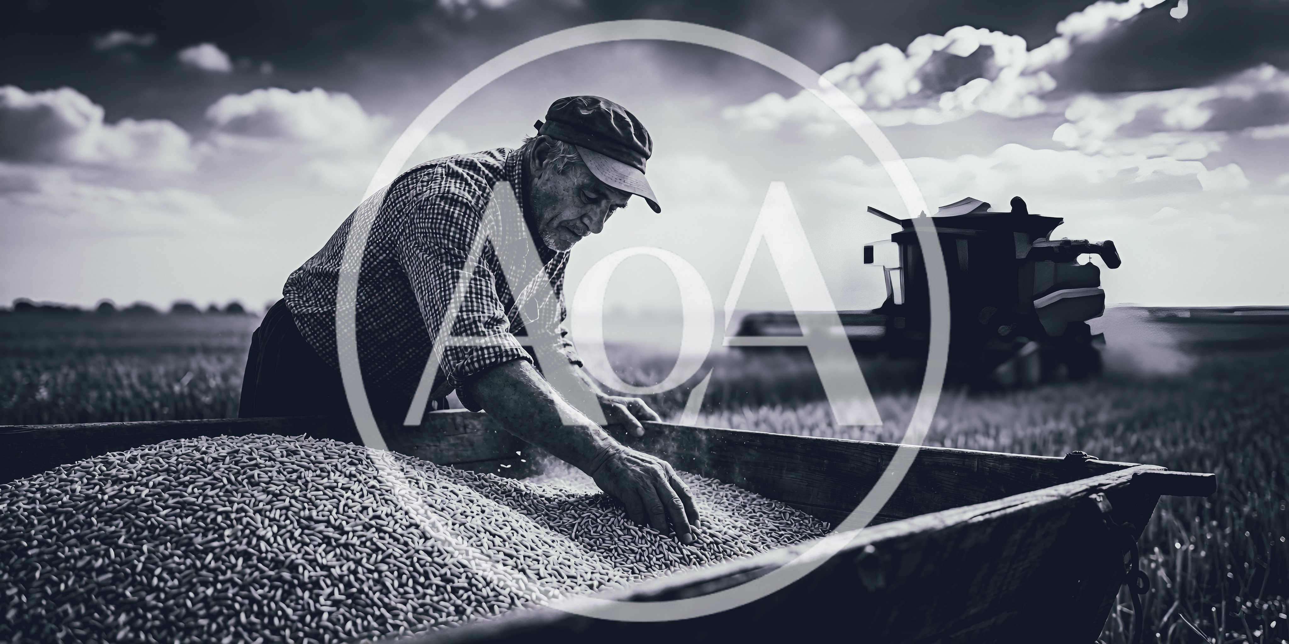 Elderly Farmer Inspecting Harvested Grain in Field