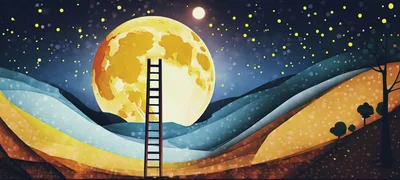 Surreal Illustration Of A Ladder Reaching Toward The Moon