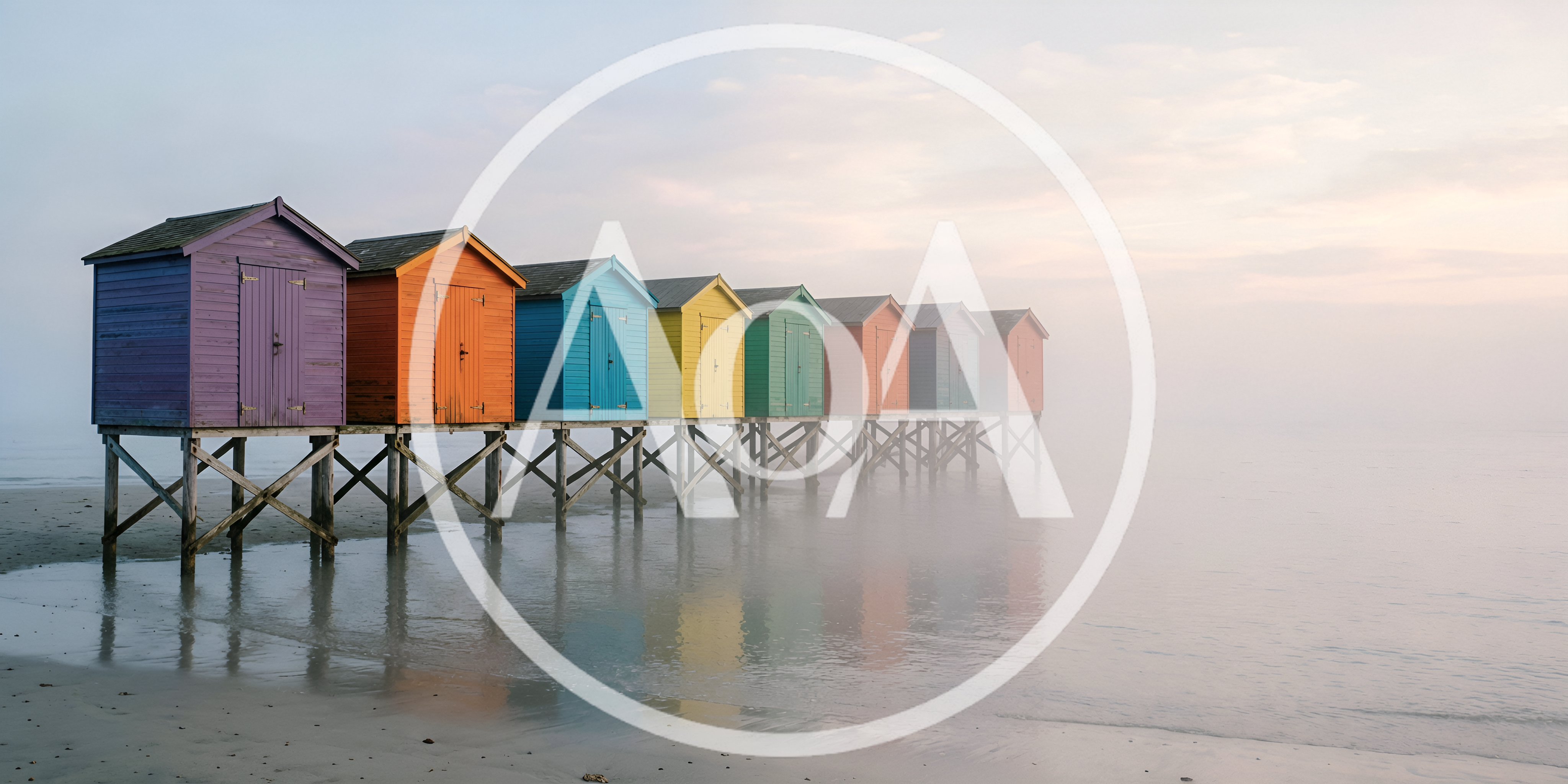 Colorful Beach Huts On Stilts In Morning Fog