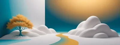 Abstract Surreal Landscape With Golden Tree And White Hills