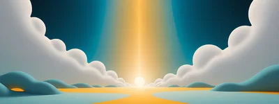 Abstract 3D Landscape With Glowing Sun And Clouds
