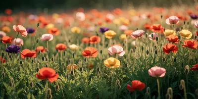 Vibrant Field Of Colorful Poppies In Golden Hour Sunlight