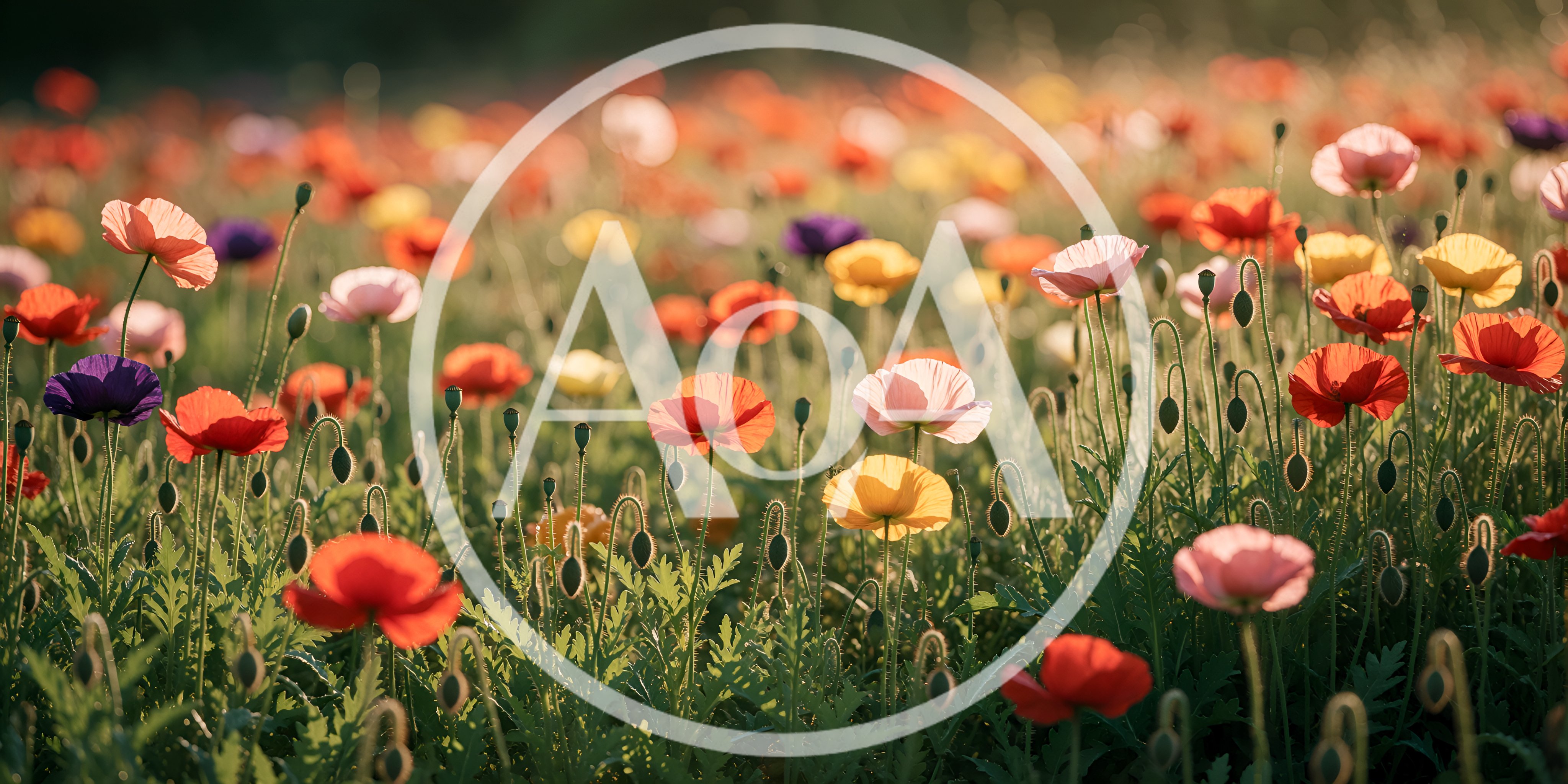 Vibrant Field Of Colorful Poppies In Golden Hour Sunlight