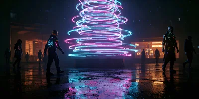 Cyberpunk Figures Walking Near Glowing Neon Energy Vortex