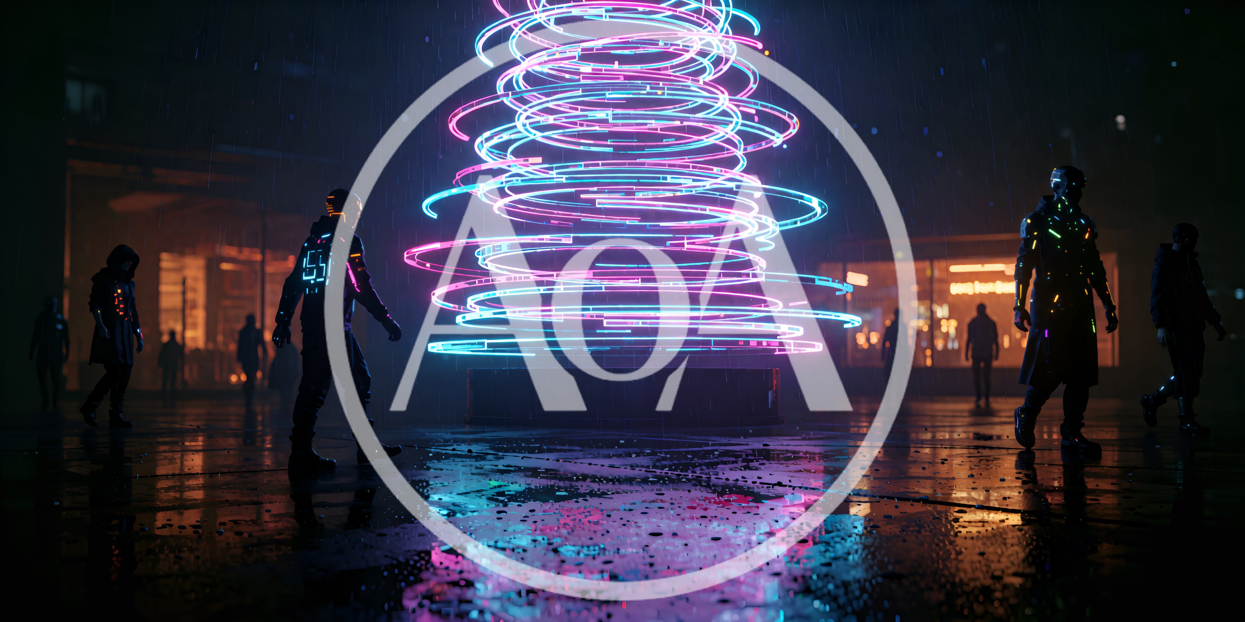 Cyberpunk Figures Walking Near Glowing Neon Energy Vortex