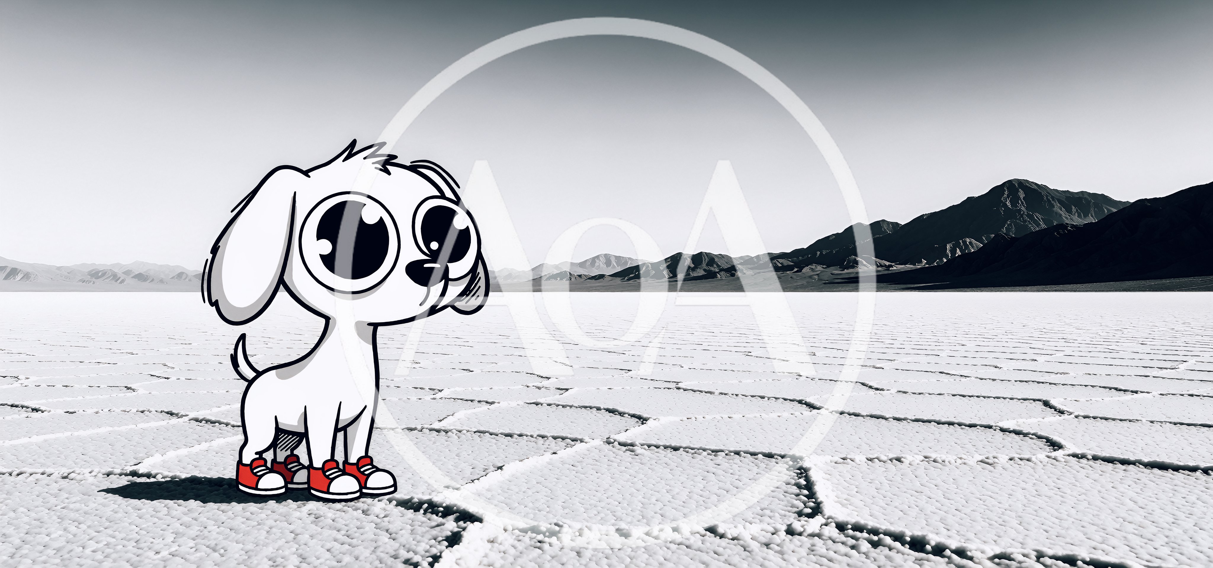 Cartoon Puppy Wearing Red Sneakers On Salt Flats