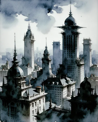 Watercolor Illustration Of A Gothic City Skyline