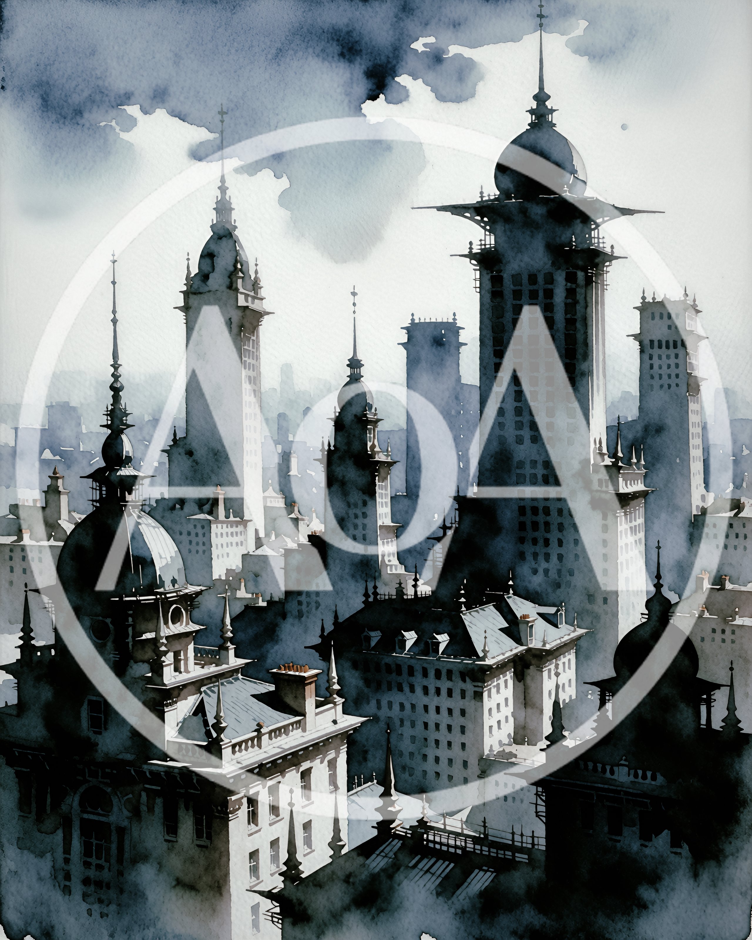 Watercolor Illustration Of A Gothic City Skyline