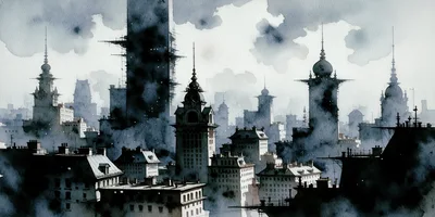 Watercolor Illustration Of A Dark Gothic Cityscape