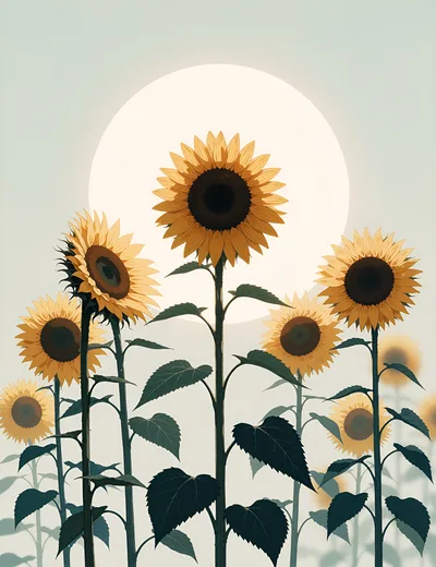 Sunflowers Blooming Against A Large Pale Sun
