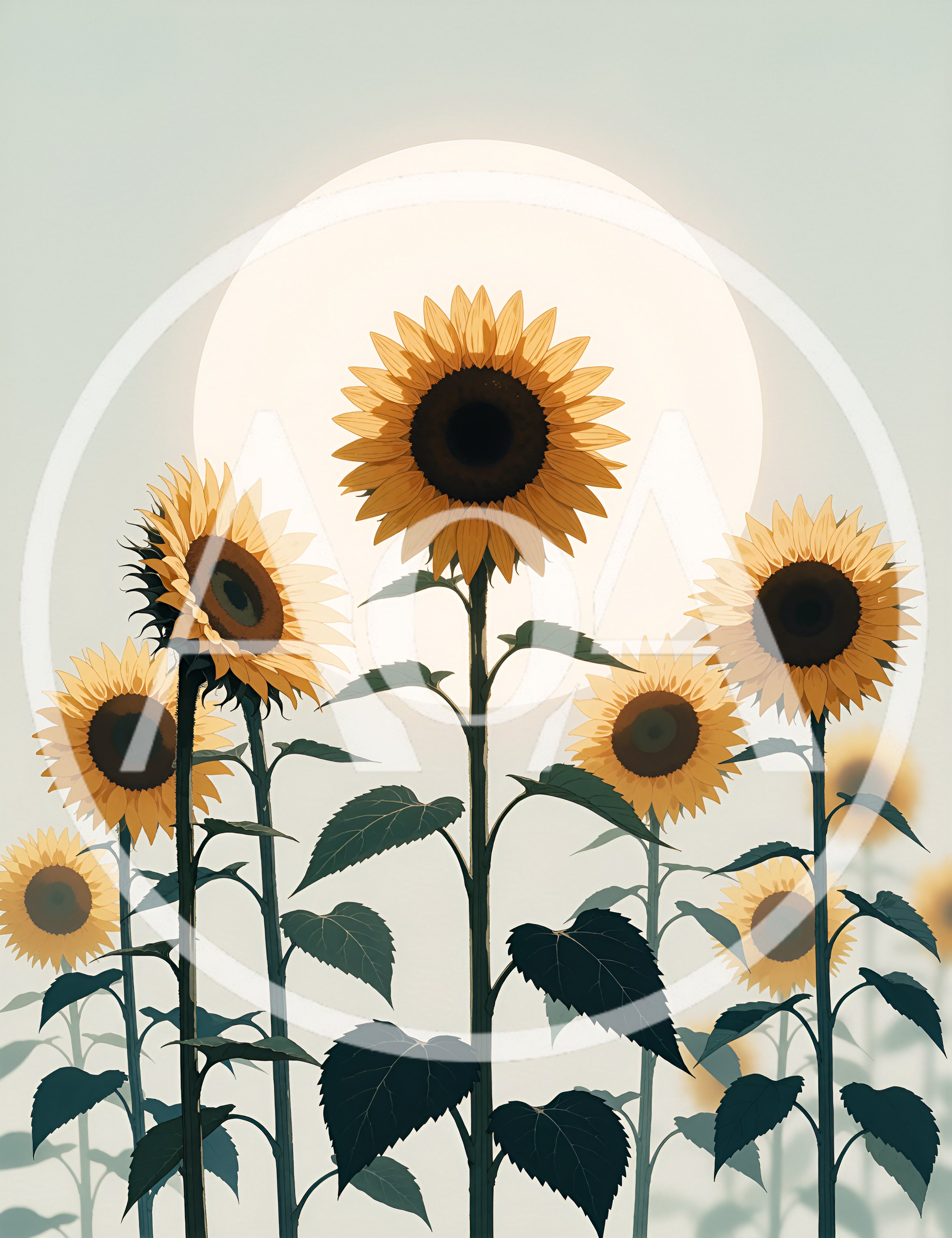 Sunflowers Blooming Against A Large Pale Sun