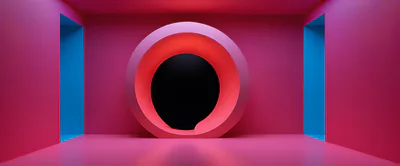 Abstract Pink Room With Circular Portal And Blue Accents