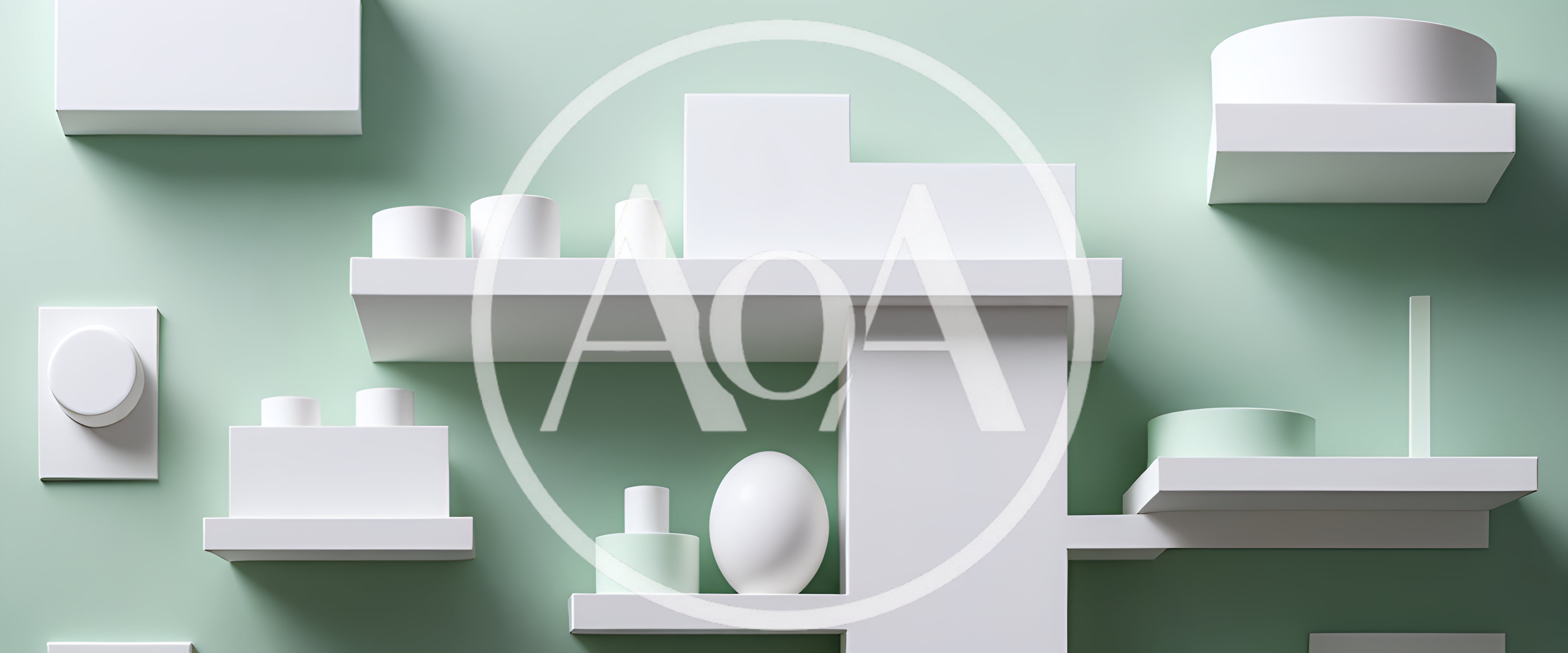 Minimalist Geometric White Shelves On Pastel Green Wall