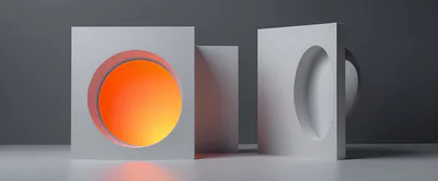 Abstract Minimalist Geometric Shapes With Glowing Orange Sphere