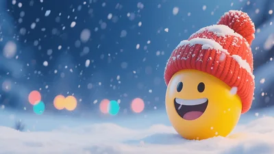 Happy Emoji Wearing A Winter Hat In Snow