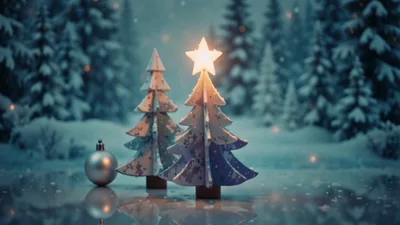 Miniature Christmas Trees With Glowing Star In Snowy Forest