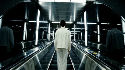 Person Standing On A Modern Escalator In A Tunnel
