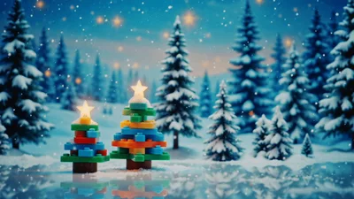 Two Small Toy Block Christmas Trees In Snowy Forest
