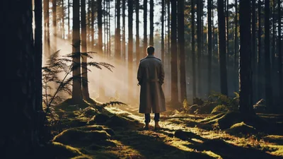 Man In Trench Coat Standing In Sunlit Forest