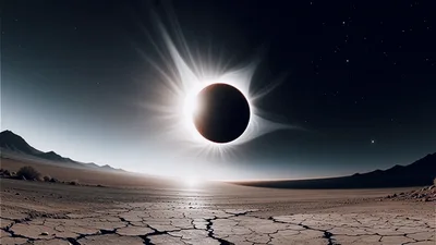 Total Solar Eclipse Over A Cracked Desert Landscape