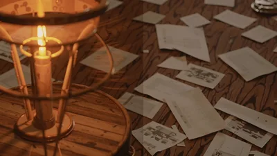 Candlelight Illuminating Scattered Documents On A Wooden Table