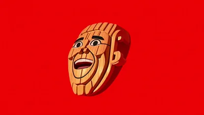 Wooden Puppet Head Floating Against Red Background