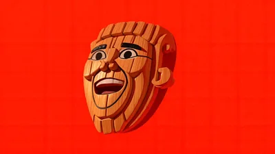 Wooden Puppet Face Mask Floating Against Red Yellow Background