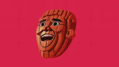 Wooden Puppet Mask Floating Against Red  Blue Textured Background