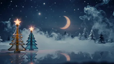 Glass Christmas Trees With Glowing Stars In Winter Landscape