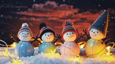 Four Decorative Snowman Figurines With Christmas Lights