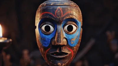 Ancient Wooden Tribal Mask With Painted Details