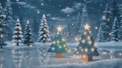 Two Decorative Wooden Christmas Trees On Snowy Frozen Lake