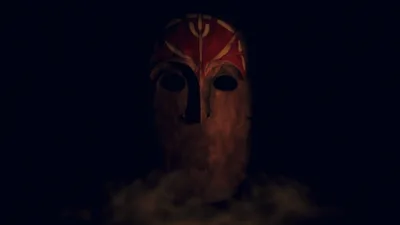 Ancient Wooden Mask Floating in Dark Chamber