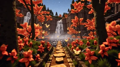 Animated Autumn Forest Path With Waterfall And Butterflies