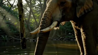 Asian Elephant Drinking Water from a Forest River