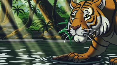 Animated Tiger Drinking Water in Jungle Pond