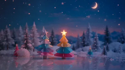 Paper Christmas Trees Glowing In Snowy Winter Landscape
