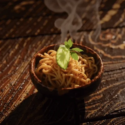 Steaming Bowl Of Noodles On A Textured Wooden Table