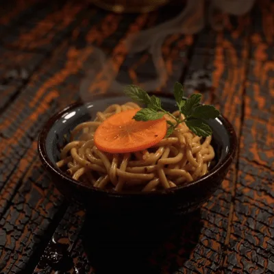 Steaming Bowl Of Noodles With Orange Slice Garnish