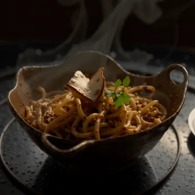 Steaming Bowl of Spaghetti with Mushroom Garnish