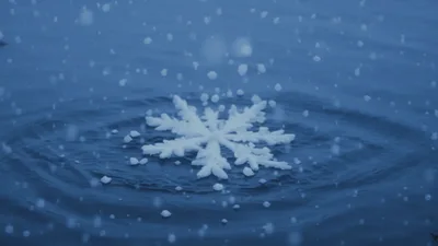 Large Snowflake Falling Into Dark Water Surface