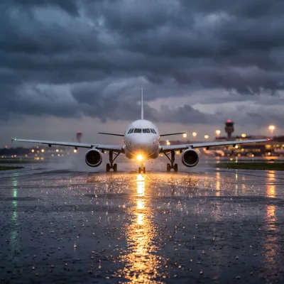Commercial Airplane Taxiing On Wet Airport Runway At Dusk